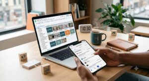 integrated Social Media and Content Marketing workspace. A hand uses a laptop displaying blog analytics and a smartphone showing social media feeds. Also visible are a branded mug and notebook in a modern office,