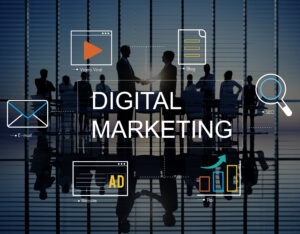 Digital marketing illustration featuring SEO, email marketing, content marketing, video marketing, online advertising, and business analytics.
